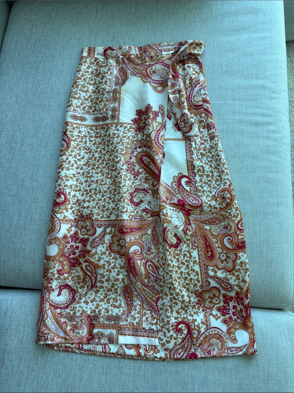 Cream Paisley Wrap-Style Midi Skirt with Pink and Tan Accents